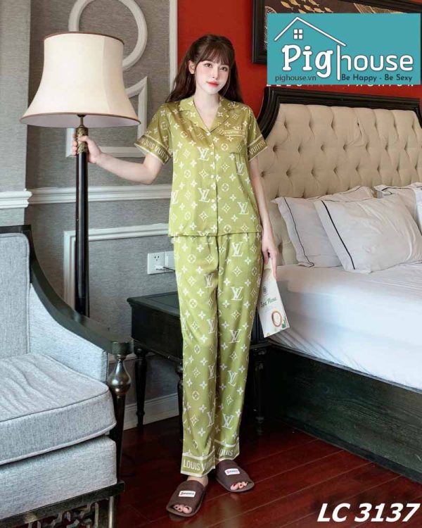 Bộ pijama dài LV cỏ bốn lá xanh rêu