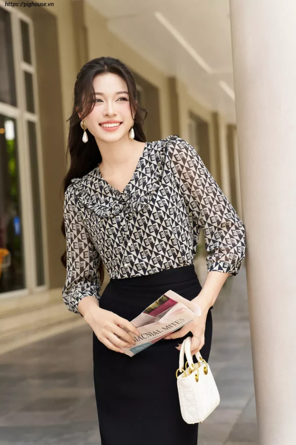 Áo sơ mi cổ bèo thắt nơ Luperi