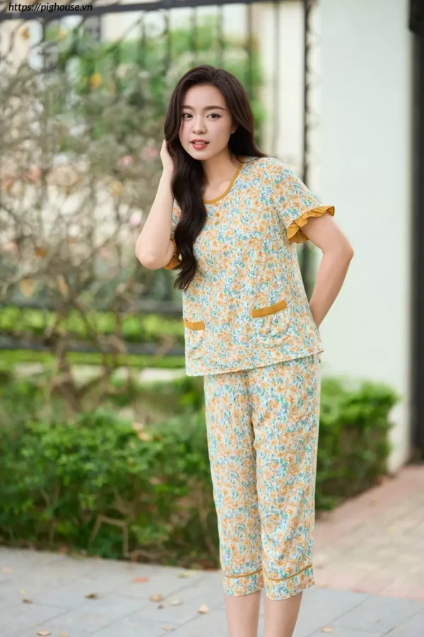 Bộ Lanh Lửng Tay Cộc Phối Bèo Họa Tiết