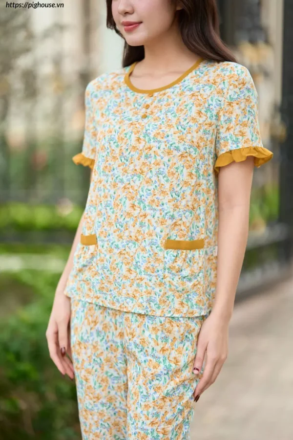 Bộ Lanh Lửng Tay Cộc Phối Bèo Họa Tiết