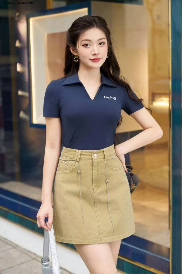 Chân váy jeans lưng cao tôn dáng